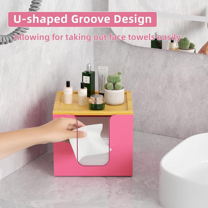 VITVITI Disposable Face Towel Holder Box, Acrylic Facial Towel Container for XL Clean Skin Club, Large Disposable Face Towels Storage with Bamboo Lid, for Bathroom, Vanity Makeup, Pink - Image 2